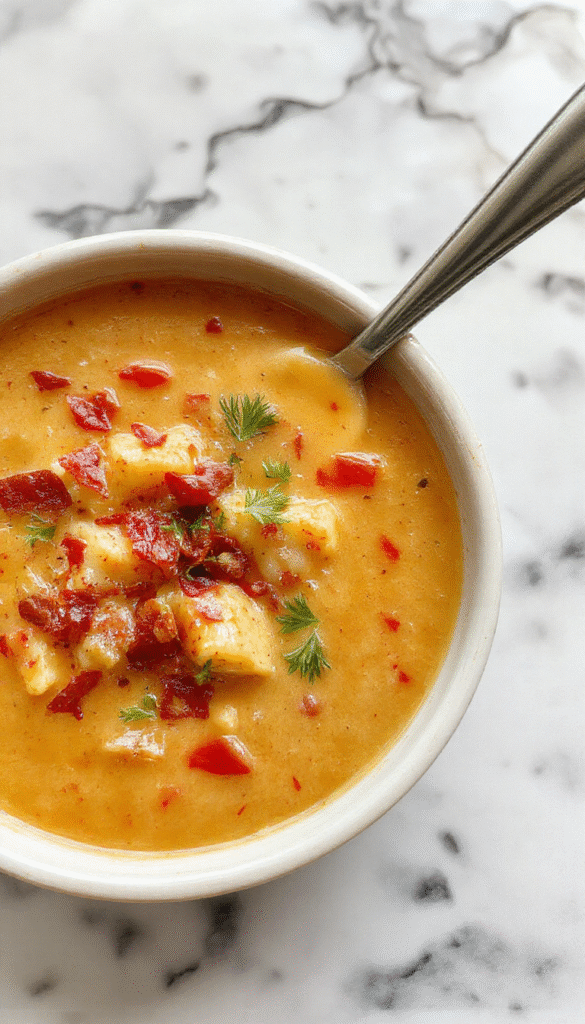 A bowl of creamy cowboy soup garnished with chopped green onions and shredded cheese, served on a rustic wooden table with a spoon. The soup has a rich, velvety texture with visible chunks of beef, potatoes, corn, and peppers, and the bowl is surrounded by fresh herbs and crusty bread.
