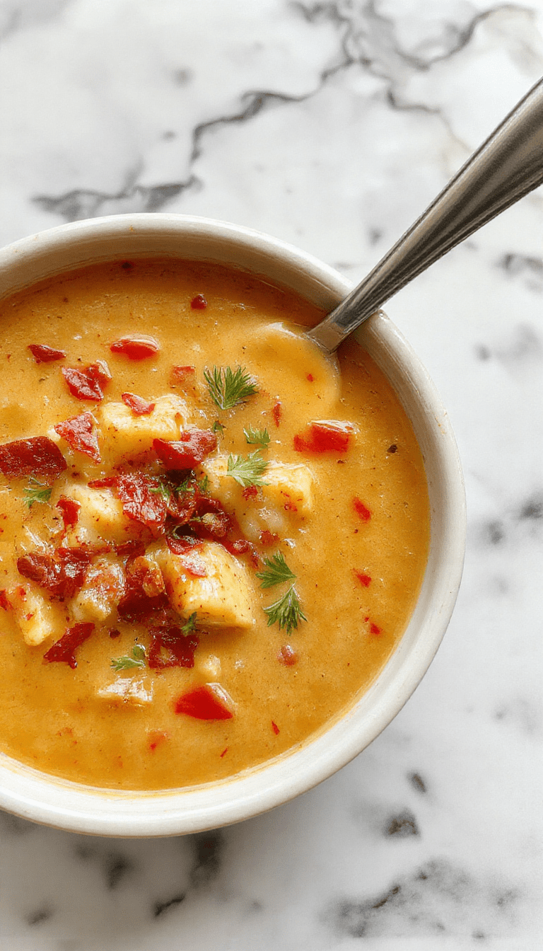 A bowl of creamy cowboy soup garnished with chopped green onions and shredded cheese, served on a rustic wooden table with a spoon. The soup has a rich, velvety texture with visible chunks of beef, potatoes, corn, and peppers, and the bowl is surrounded by fresh herbs and crusty bread.