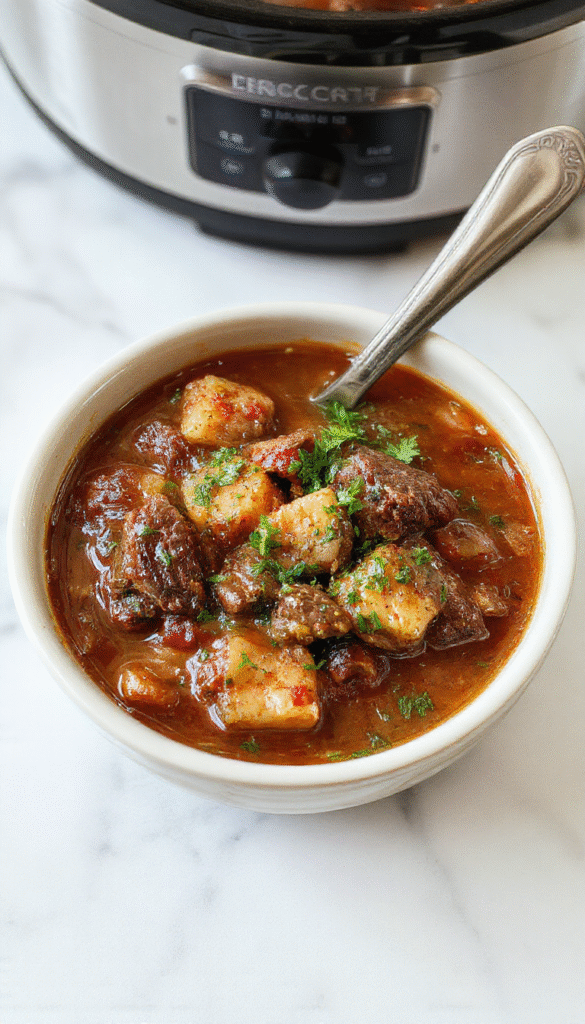 A steaming bowl of hearty beef stew filled with tender beef chunks, colorful carrots, potatoes, and peas, garnished with fresh herbs, served in a rustic ceramic bowl on a wooden table with a warm, cozy ambiance.