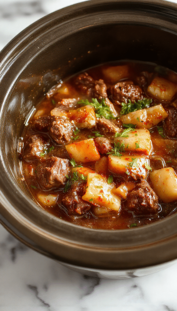 A steaming bowl of hearty beef stew with tender chunks of beef, carrots, potatoes, and celery in a rich gravy, garnished with fresh herbs, served in a rustic bowl with a spoon, set on a wooden table with a cozy background.