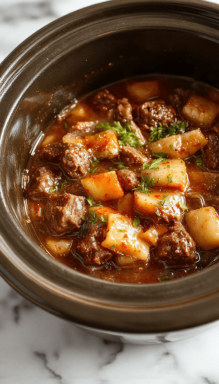 A steaming bowl of hearty beef stew with tender chunks of beef, carrots, potatoes, and celery in a rich gravy, garnished with fresh herbs, served in a rustic bowl with a spoon, set on a wooden table with a cozy background.