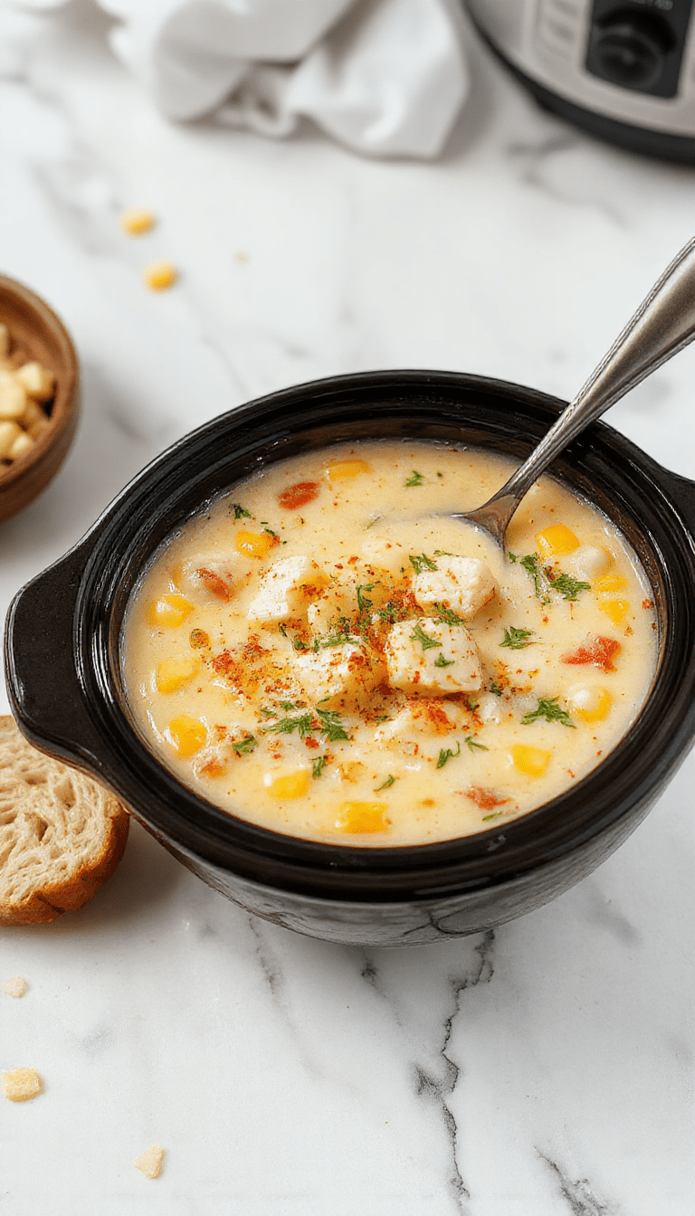 A steaming bowl of creamy chicken corn chowder garnished with fresh herbs, served on a rustic wooden table. The chowder displays a vibrant yellow color with chunks of tender chicken, sweet corn kernels, and a smooth, rich broth. The bowl is complemented by a spoon with soup dripped on it, surrounded by a piece of crusty bread and sprigs of parsley, styled in warm, inviting lighting.