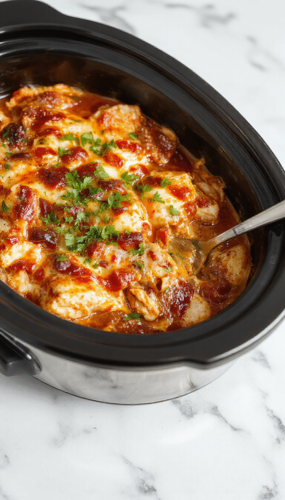 A vibrant casserole dish with layers of shredded chicken, melted cheese, and red enchilada sauce topped with fresh cilantro and sliced jalapenos, served on a rustic wooden table with a side of chopped lime and warm tortillas.