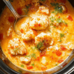 A vibrant bowl of chicken parmesan soup featuring shredded chicken in a rich tomato sauce topped with melted mozzarella cheese and fresh basil, served in a rustic white bowl with a sprinkling of grated Parmesan. The dish is placed on a wooden surface with a jaunty spoon and a side of toasted crusty bread, with steam rising to showcase its warm, comforting textures and inviting colors.