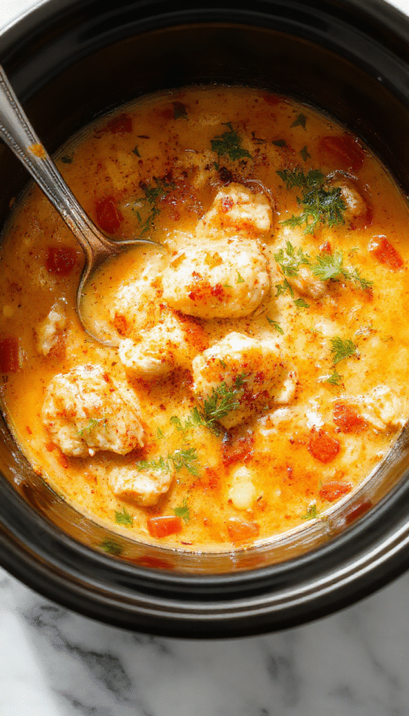 A vibrant bowl of chicken parmesan soup featuring shredded chicken in a rich tomato sauce topped with melted mozzarella cheese and fresh basil, served in a rustic white bowl with a sprinkling of grated Parmesan. The dish is placed on a wooden surface with a jaunty spoon and a side of toasted crusty bread, with steam rising to showcase its warm, comforting textures and inviting colors.