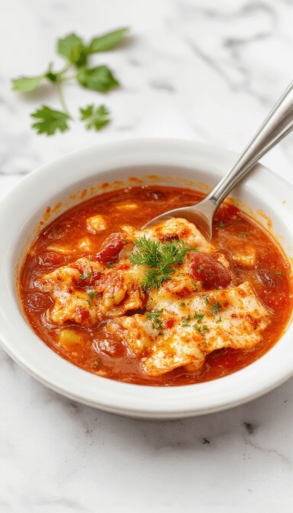 A rustic white bowl filled with steaming red lasagna soup topped with shredded mozzarella and fresh basil, set on a wooden table surrounded by uncooked pasta, tomatoes, and herbs, evoking warmth and Italian comfort.