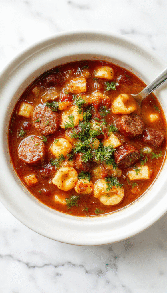 A vibrant bowl of tortellini soup featured with plump tortellini pasta, slices of browned sausage, and fresh spinach in a rich broth. The soup is garnished with grated Parmesan and served in a rustic white bowl, with a wooden spoon on a neutral textured background highlighting its hearty and inviting appearance.