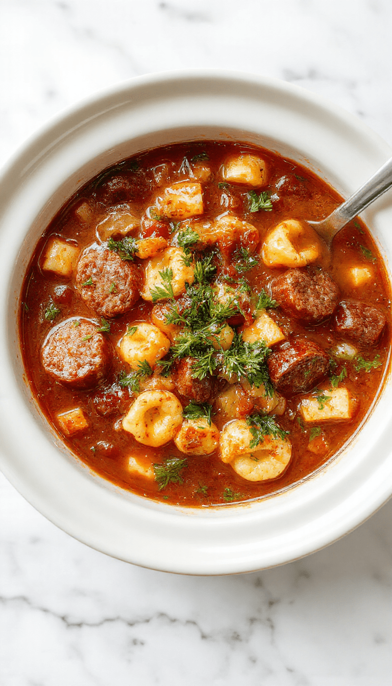 A vibrant bowl of tortellini soup featured with plump tortellini pasta, slices of browned sausage, and fresh spinach in a rich broth. The soup is garnished with grated Parmesan and served in a rustic white bowl, with a wooden spoon on a neutral textured background highlighting its hearty and inviting appearance.