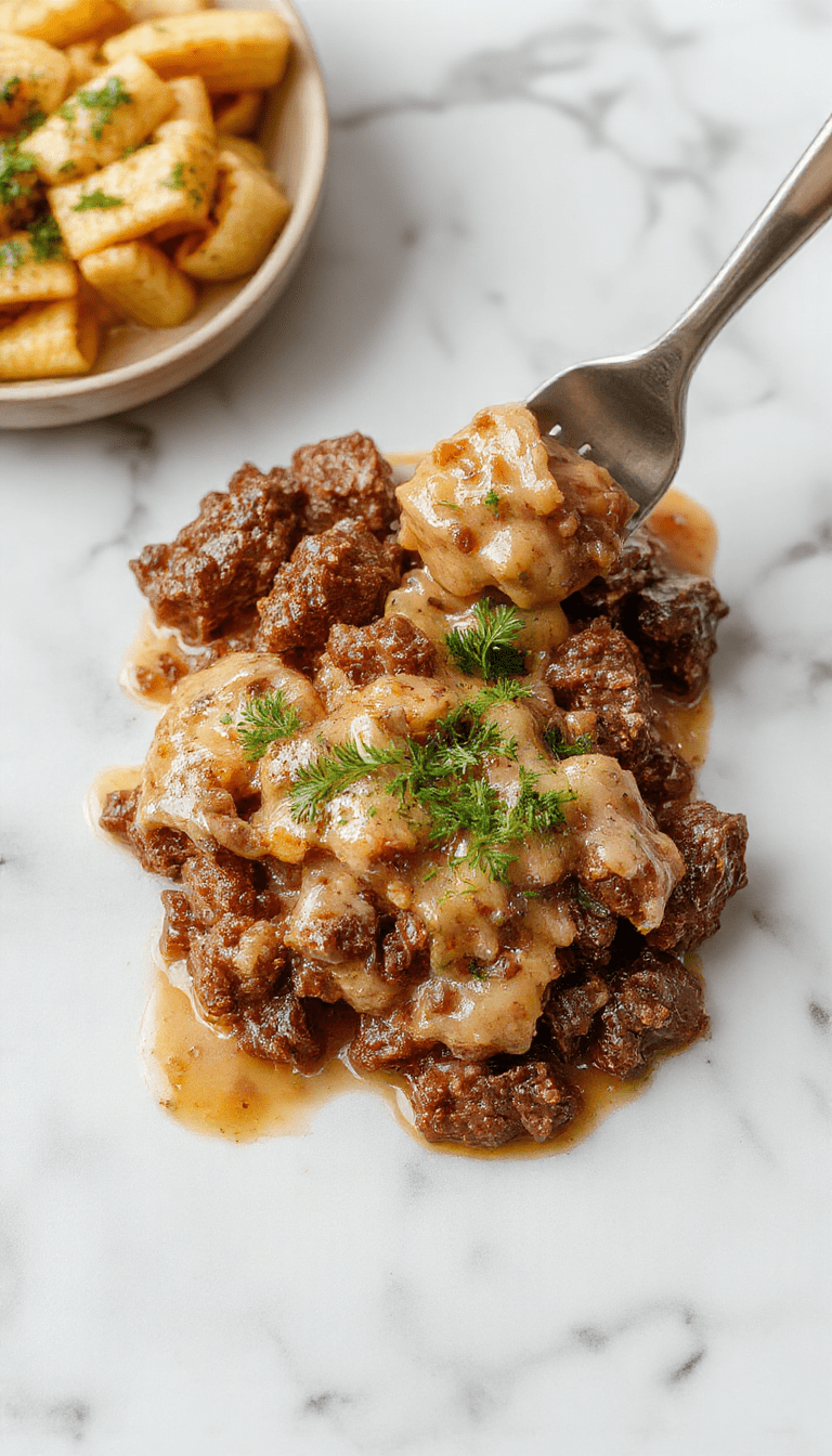 A steaming plate of creamy Ground Beef Stroganoff featuring tender beef strips coated in rich mushroom sauce, served atop buttery egg noodles. The dish is garnished with fresh parsley, with a side of rustic bread and a glass of red wine, captured in warm, inviting lighting that highlights the textures and vibrant colors.