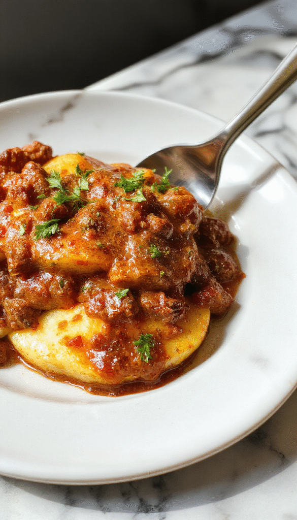 A rustic bowl of pumpkin beef bolognese featuring rich, thick sauce with chunks of tender beef and vibrant orange pumpkin, served over pasta on a wooden table with fresh herbs and grated cheese, styled for an inviting home-cooked meal
