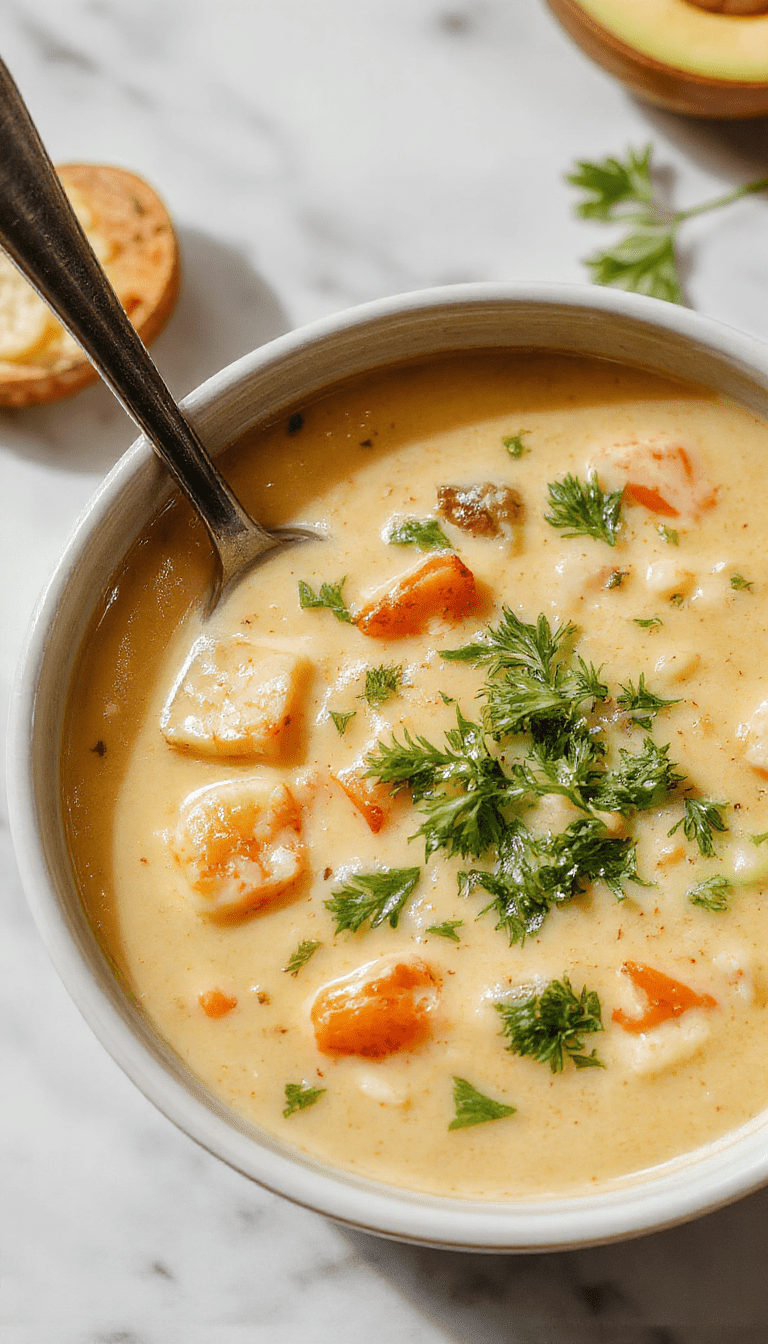 A bright bowl of vegan creamy vegetable soup featuring vibrant orange carrots, green spinach, and white cauliflower, topped with fresh herbs, served in a rustic white bowl on a wooden table with a spoon beside it and a fresh vegetable garnish for presentation.