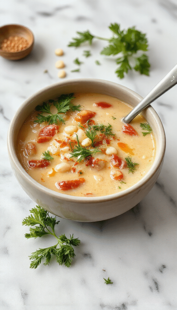 A steaming bowl of creamy white bean soup garnished with fresh parsley, served on a rustic wooden table. The soup has a smooth texture with tender beans visible, topped with a drizzle of olive oil and a sprinkle of herbs. Surrounding the bowl are slices of crusty bread, a lemon wedge, and a spoon, creating an inviting and cozy atmosphere.