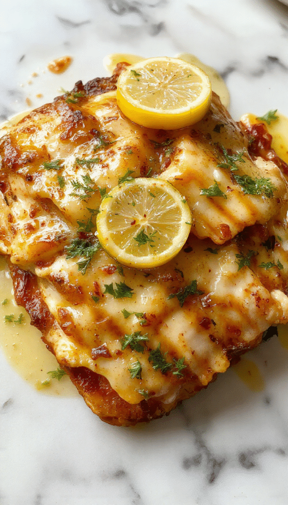 A vibrant plate featuring golden-brown lemon chicken topped with fresh lemon slices and chopped herbs, accompanied by a side of steamed vegetables and creamy sauce, styled on a rustic wooden table with natural lighting highlighting the textures and colors.