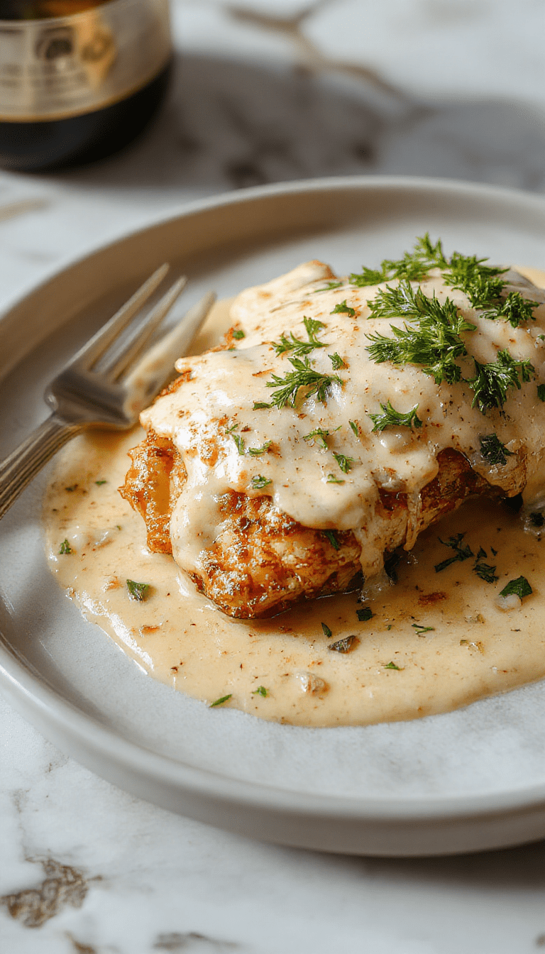 A rich plated dish featuring tender pieces of Irish chicken smothered in a velvety whiskey cream sauce, garnished with fresh herbs, with a glossy sauce glistening on the vibrant dinner plate, set against a rustic wooden background.