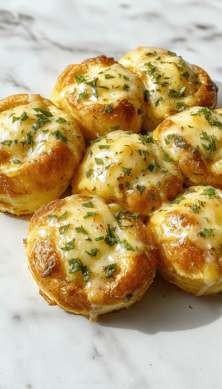 Golden-brown cheesy garlic rolls with a crispy crust, topped with melted cheese and finely chopped parsley, arranged on a rustic wooden platter, with visible garlic and herbs, invitingly soft interior textures visible from a partially sliced roll, styled with a sprinkle of additional herbs around.