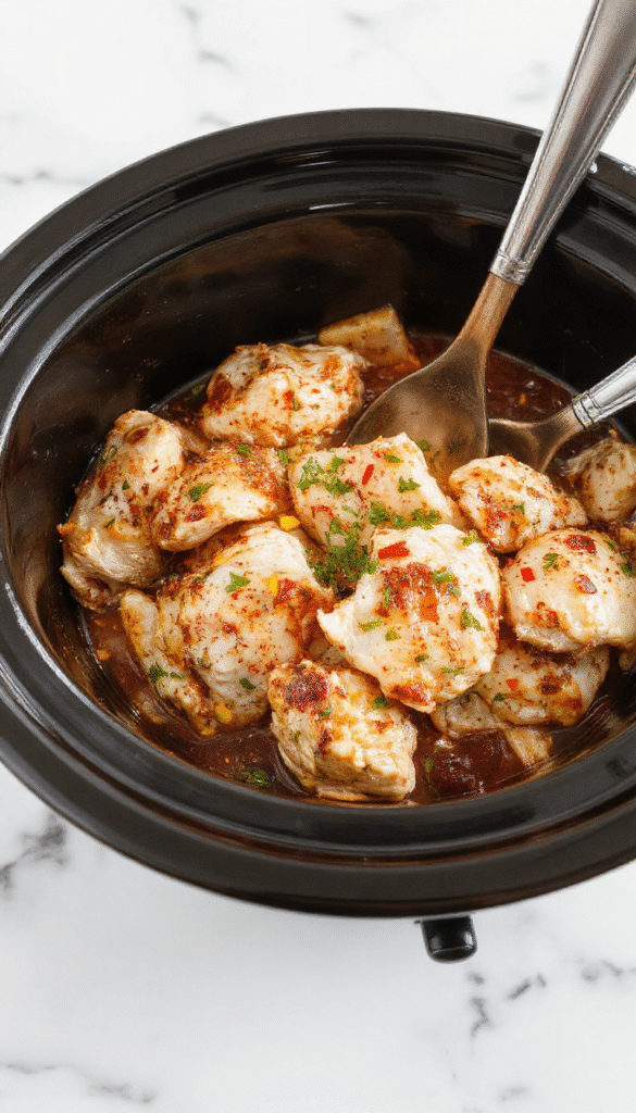 A vibrant plated dish featuring tender, creamy chicken topped with a rich tomato and herb sauce, garnished with fresh basil leaves on a rustic wooden table with warm lighting, emphasizing the glossy sauce and juicy chicken breasts.