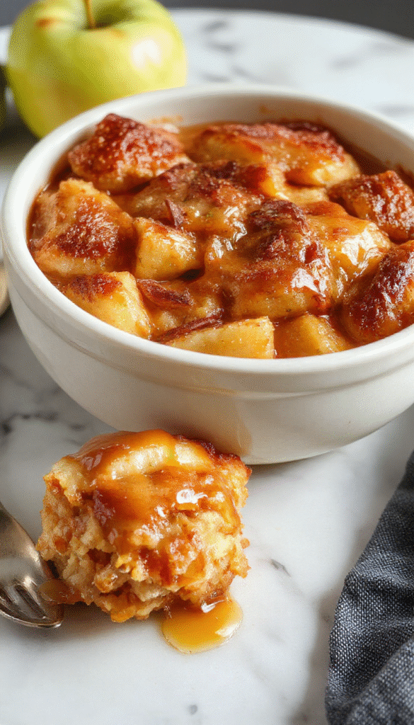A vibrant dessert featuring a golden-brown caramel apple dump cake served on a rustic wooden table. The cake is topped with glossy caramel drizzle and chunks of tender baked apples. The close-up view highlights the textured crumb topping with caramel swirls and caramel sauce cascading down the sides. Elegant serving plates and a sprinkle of cinnamon add charm to this warm, inviting dessert.