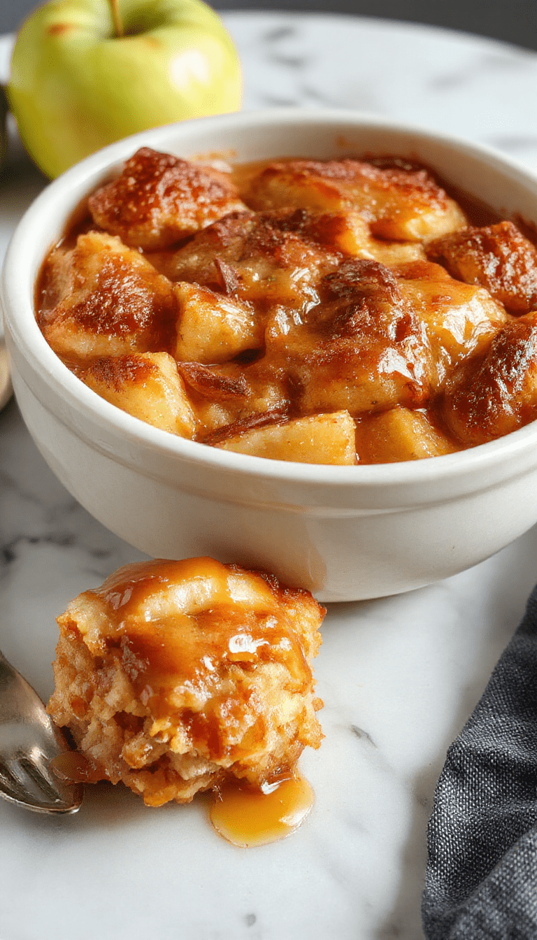 A vibrant dessert featuring a golden-brown caramel apple dump cake served on a rustic wooden table. The cake is topped with glossy caramel drizzle and chunks of tender baked apples. The close-up view highlights the textured crumb topping with caramel swirls and caramel sauce cascading down the sides. Elegant serving plates and a sprinkle of cinnamon add charm to this warm, inviting dessert.