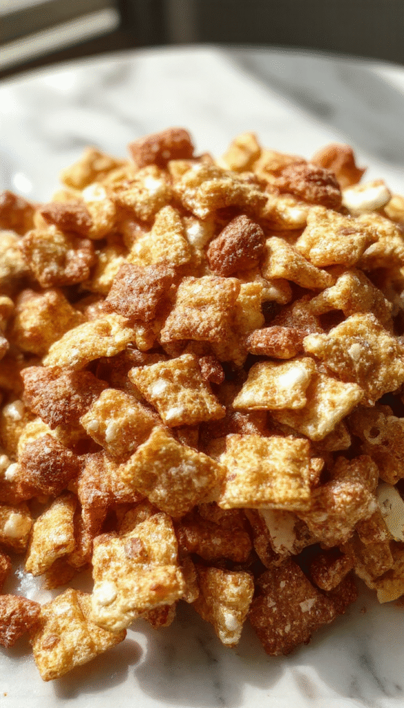 A colorful bowl of golden-brown Toffee Chex Mix with shiny caramel coating, sprinkled with bits of nuts and chocolate chips, displayed on a rustic wooden table with a serving scoop nearby.