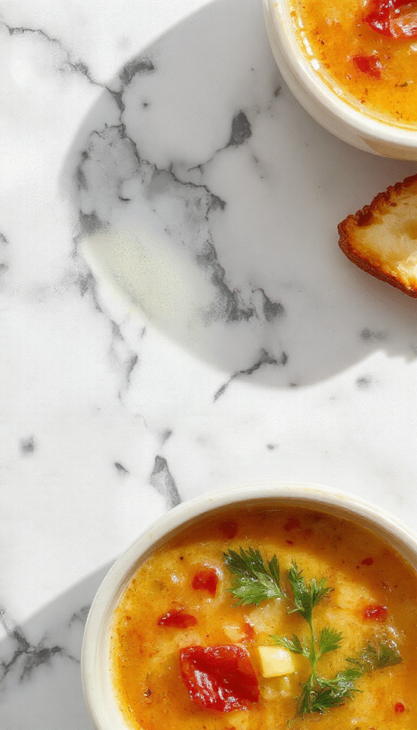 A steaming bowl of Italian Penicillin Soup with vibrant orange broth, tender chicken pieces, fresh herbs, and lemon slices garnished on top, served in a rustic ceramic bowl