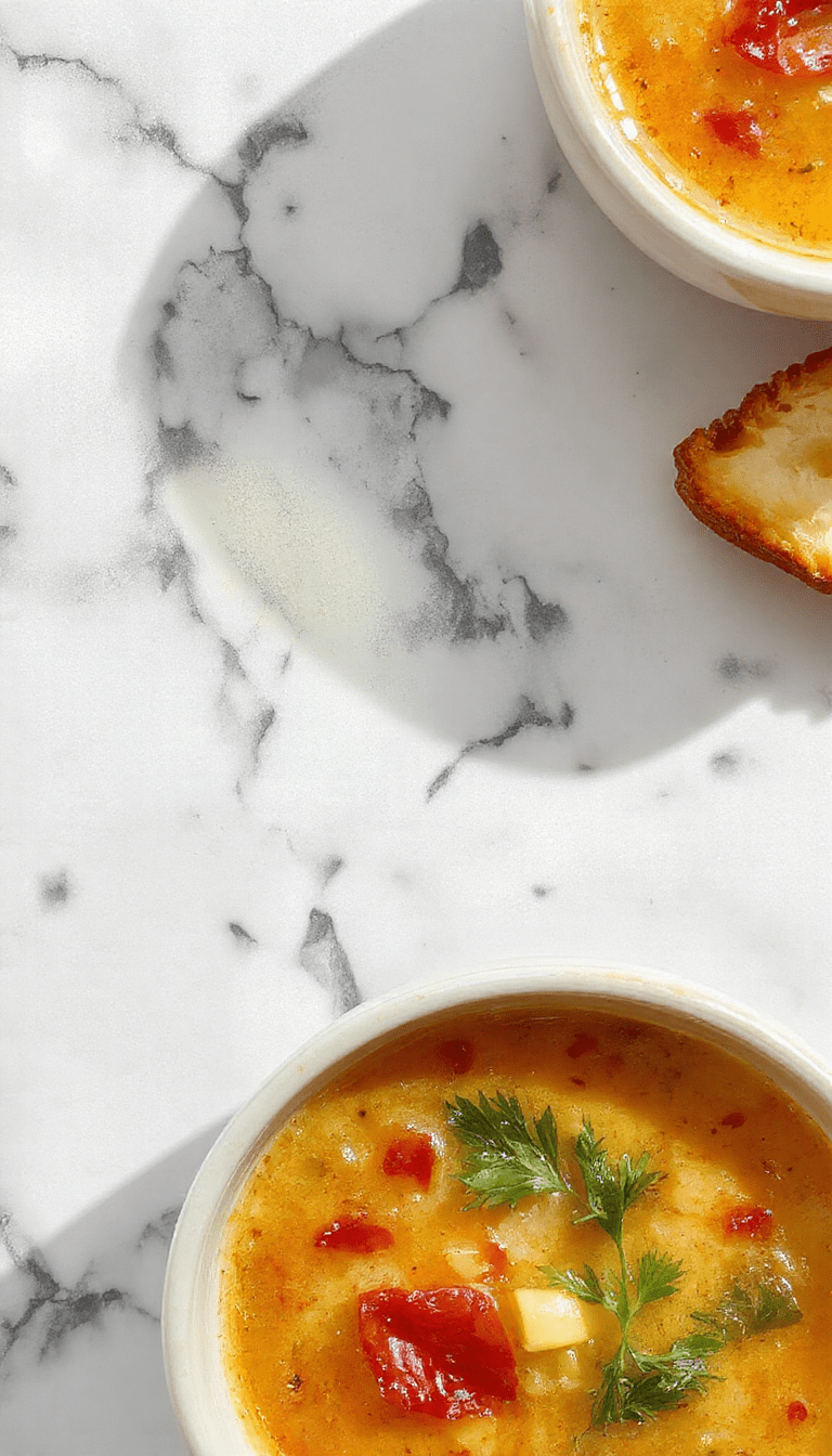 A steaming bowl of Italian Penicillin Soup with vibrant orange broth, tender chicken pieces, fresh herbs, and lemon slices garnished on top, served in a rustic ceramic bowl