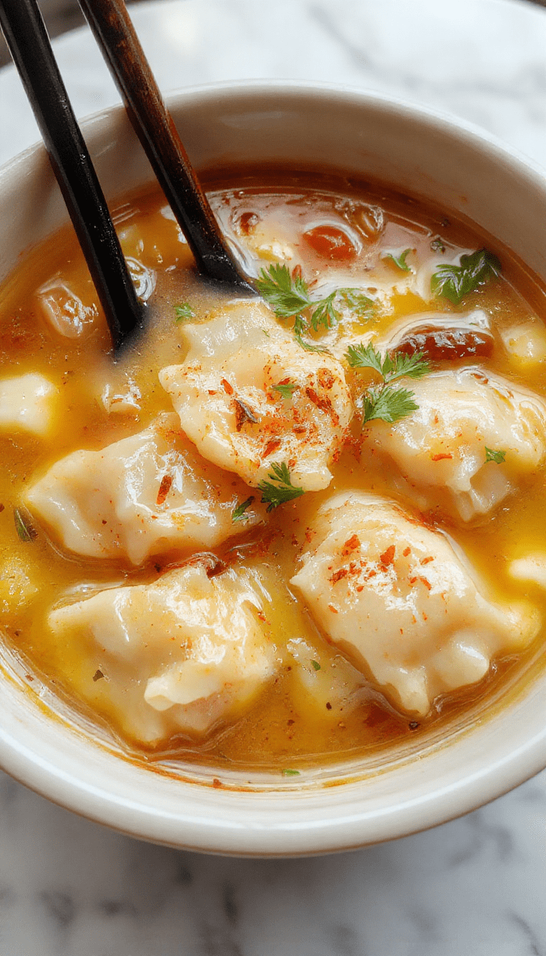 A vibrant bowl of Japanese Gyoza Soup featuring golden brown pan-fried dumplings floating in a clear, aromatic broth. Garnished with sliced green onions, shredded carrots, and sesame seeds, the dish is served in a minimalist white bowl on a rustic wooden table, with steam rising and a side of garnishes in the background.