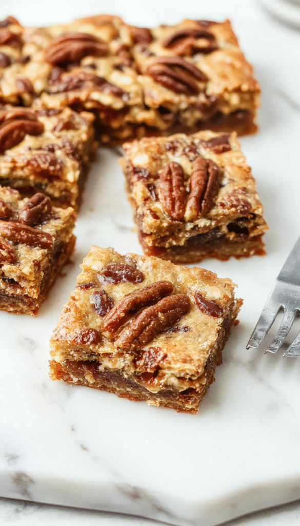 Colorful pecan pie bars arranged on a rustic wooden platter, showcasing golden-brown crust topped with glossy caramelized pecans and a dusting of powdered sugar, styled with a fork and cheerful floral background.