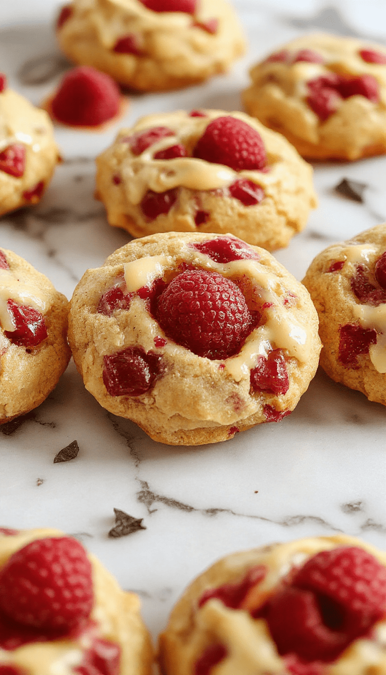 Colorful lemon raspberry cookies arranged on a white ceramic plate, showcasing vibrant red raspberries and bright yellow lemon zest on a textured surface, styled with fresh mint leaves for a fresh, inviting look.