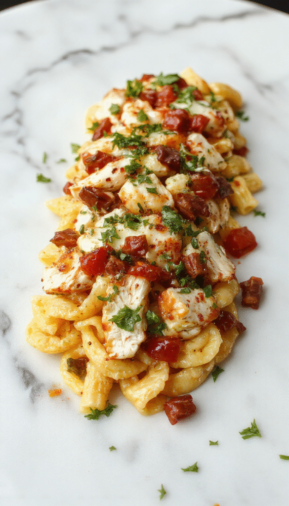 Colorful Mediterranean chicken pasta salad arranged on a white plate featuring vibrant cherry tomatoes, sliced cucumbers, black olives, crumbled feta cheese, and tender grilled chicken over spiral pasta, garnished with fresh herbs and drizzled with a zesty dressing, styled on a rustic wooden table with a Mediterranean vibe.