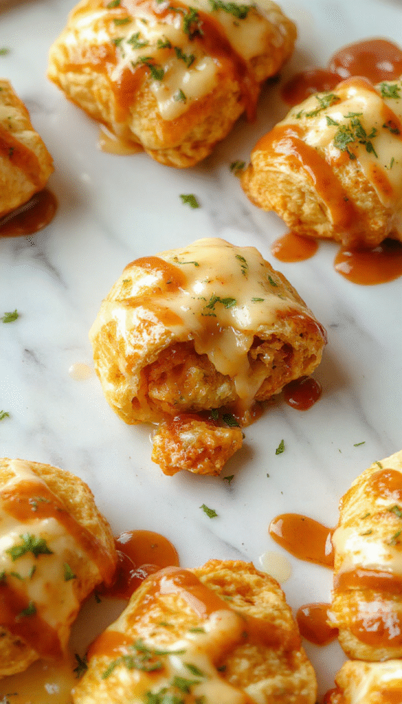A golden-brown flaky crescent roll sliced open to reveal a creamy, cheesy chicken filling inside. The plate is garnished with fresh herbs, and the rolls are arranged on a rustic wooden surface, with a side of dipping sauce. The vibrant cheese oozes out, and the textures are crispy on the outside and tender inside, beautifully styled for an inviting presentation.