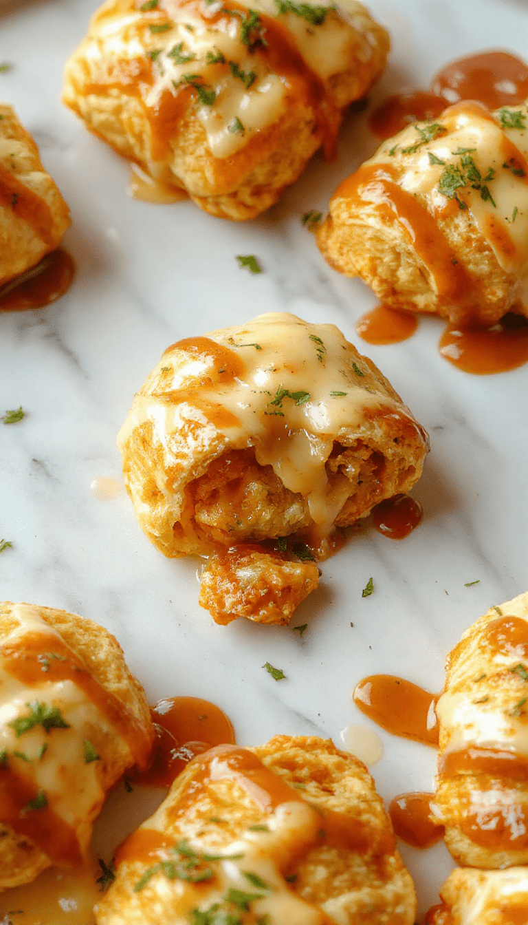 A golden-brown flaky crescent roll sliced open to reveal a creamy, cheesy chicken filling inside. The plate is garnished with fresh herbs, and the rolls are arranged on a rustic wooden surface, with a side of dipping sauce. The vibrant cheese oozes out, and the textures are crispy on the outside and tender inside, beautifully styled for an inviting presentation.