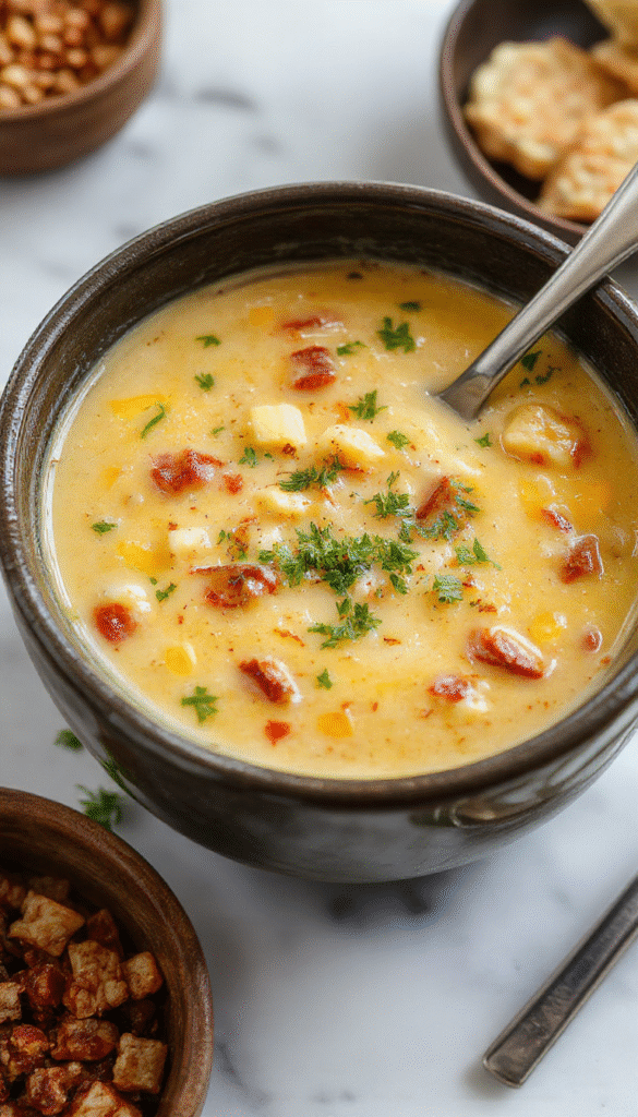 A vibrant bowl of Mexican street corn soup with golden yellow and deep orange hues, topped with fresh cilantro, crumbled cheese, and a wedge of lime, served on a rustic wooden table with a cozy ambiance.