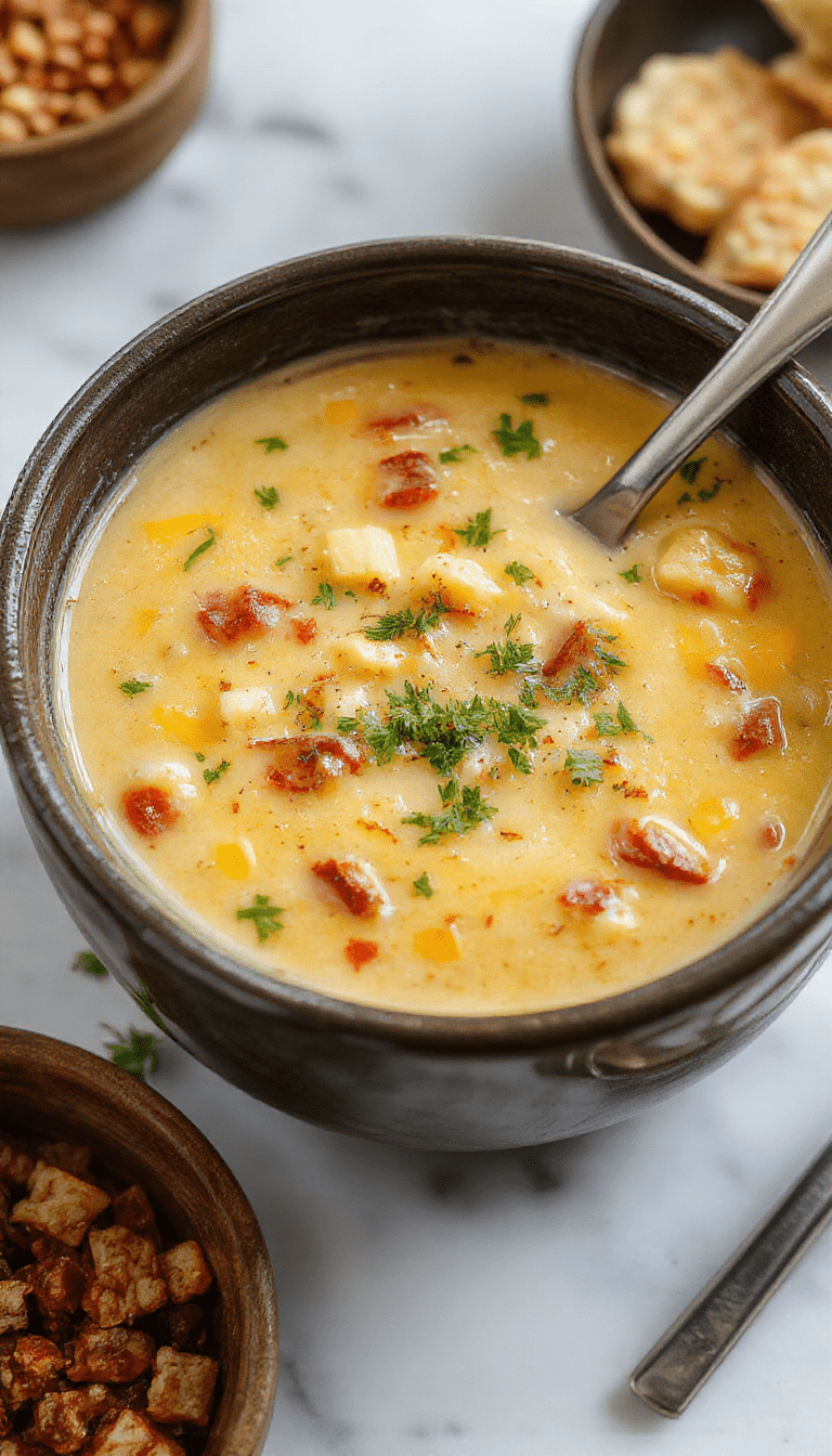 A vibrant bowl of Mexican street corn soup with golden yellow and deep orange hues, topped with fresh cilantro, crumbled cheese, and a wedge of lime, served on a rustic wooden table with a cozy ambiance.