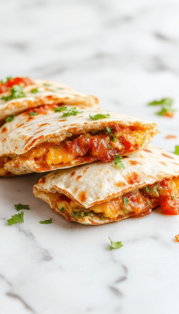 Colorful mini quesadillas featuring melted cheese, crispy golden edges, and savory smashburger fillings, arranged on a rustic wooden plate with fresh herbs and salsa for garnish, styled with vibrant lighting highlighting textures and appetizing appeal.
