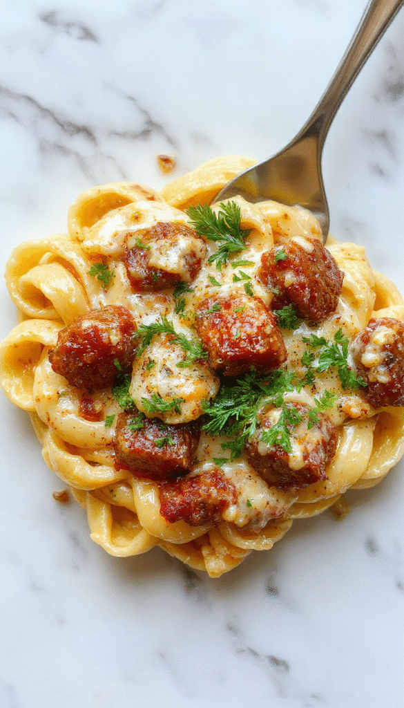 A vibrant plate of creamy Cajun sausage pasta featuring perfectly cooked sausage slices, al dente pasta coated in a rich, spicy Cajun sauce, garnished with fresh herbs and served in a rustic white bowl.