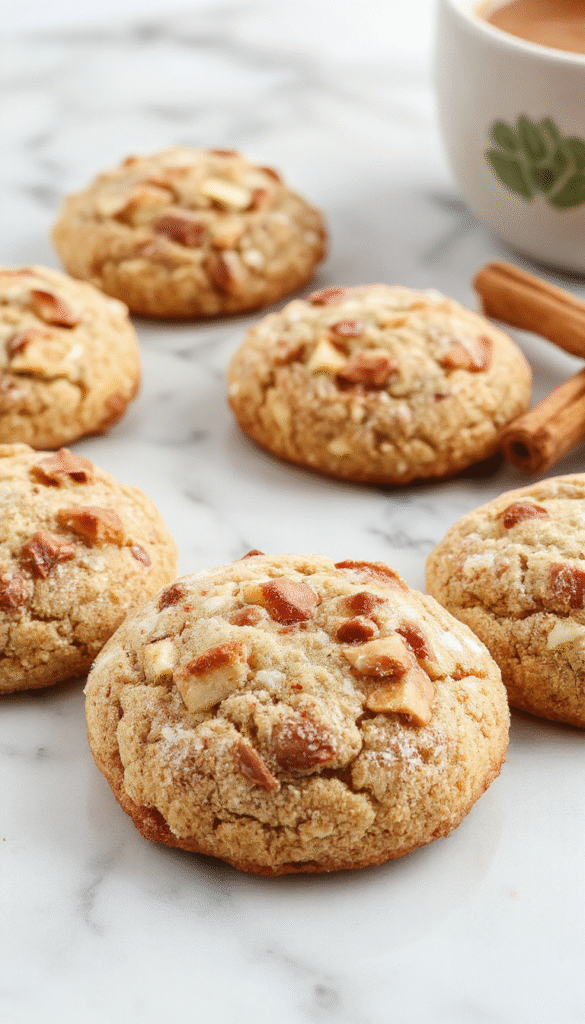 A close-up of freshly baked apple cinnamon snickerdoodle cookies arranged on a rustic wooden platter. The cookies are golden brown with cinnamon sugar coating, dotted with chunks of tender apple pieces. The background features a cinnamon stick, a fresh red apple, and a sprinkle of cinnamon powder, highlighting warm autumn tones and inviting textures.