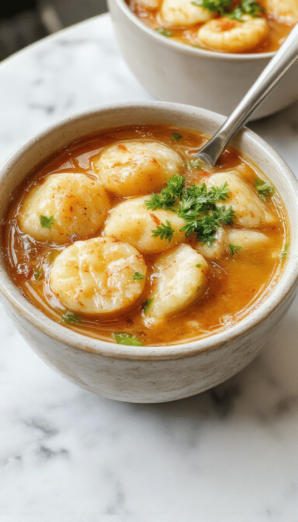 A steaming bowl of potsticker soup featuring golden-brown dumplings floating in a clear, aromatic broth garnished with sliced green onions and sesame seeds, presented on a rustic wooden table with fresh ingredients scattered around, evoking warmth and comfort.