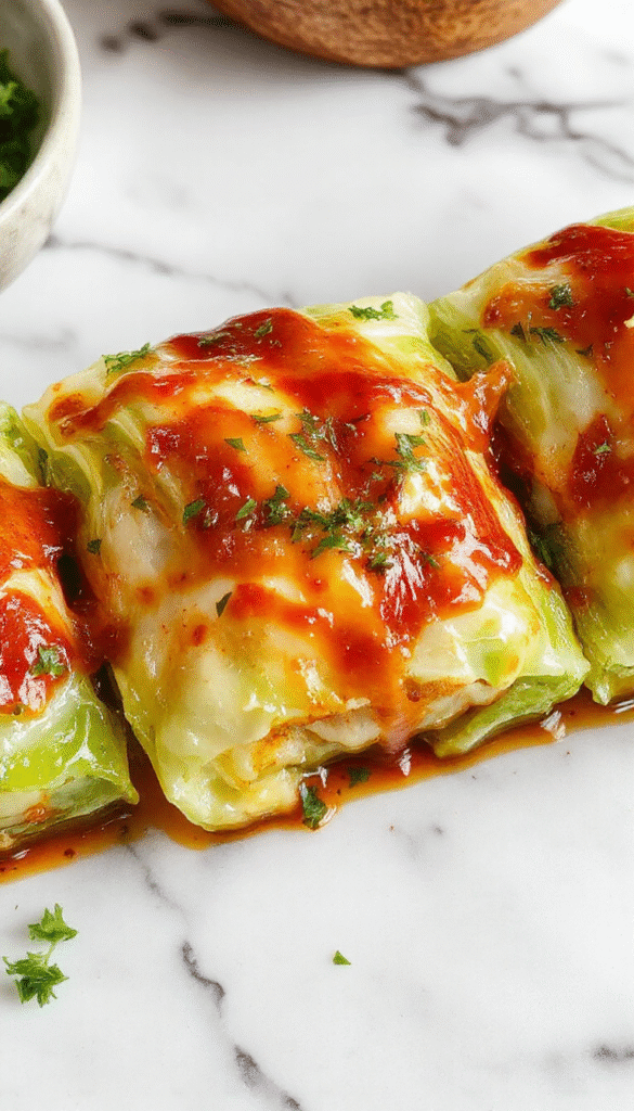 A close-up of vibrant cooked cabbage rolls arranged on a rustic wooden plate, showcasing golden-brown edges and tender, shredded cabbage inside, garnished with fresh herbs and served alongside a colorful salad, with a blurred kitchen background.