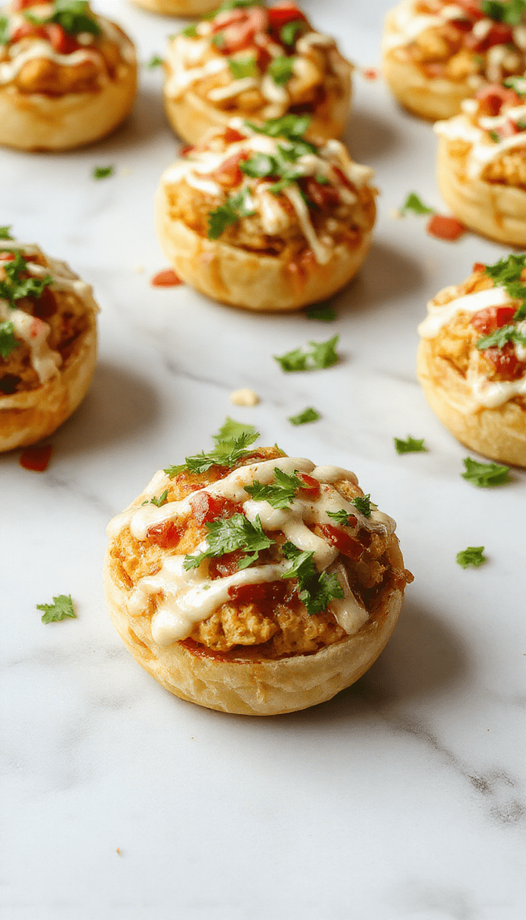 Colorful mini baked chicken tacos arranged on a white plate with vibrant lettuce, melted cheese, and diced tomatoes topping each taco. The golden-brown baked shells are crispy, with gooey cheese and juicy chicken filling visible. The background features a rustic wooden table and fresh ingredients, styled to emphasize a fresh and inviting presentation.