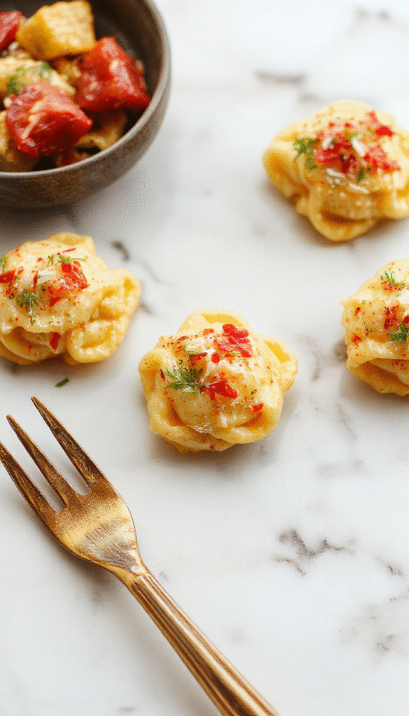 A vibrant plate of marry me tortellini featuring golden-brown tortellini pasta coated in a creamy sauce, garnished with fresh basil and sprinkled with grated cheese, all plated elegantly on a rustic white dish with a backdrop of fresh ingredients and herbs.