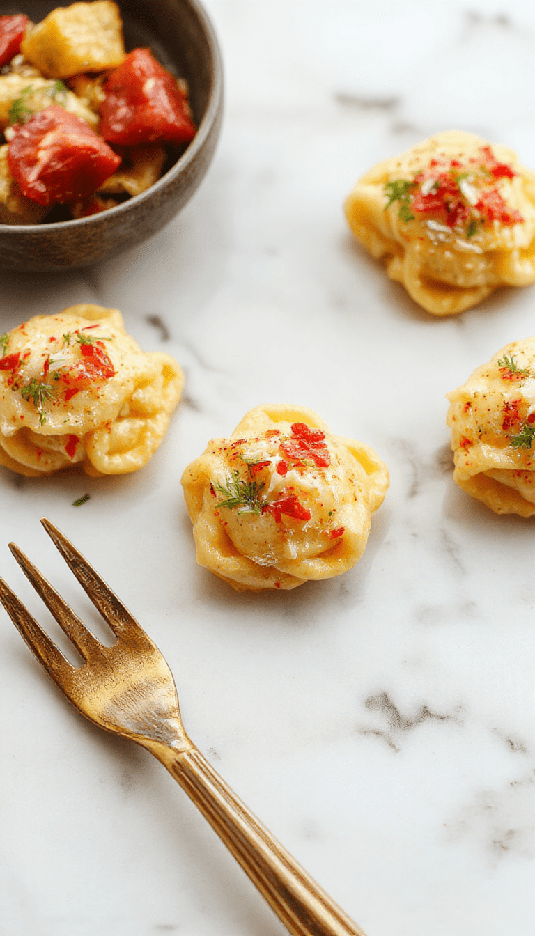 A vibrant plate of marry me tortellini featuring golden-brown tortellini pasta coated in a creamy sauce, garnished with fresh basil and sprinkled with grated cheese, all plated elegantly on a rustic white dish with a backdrop of fresh ingredients and herbs.