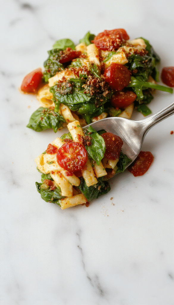 A vibrant bowl of spinach and cherry tomato pasta featuring fresh green spinach leaves and bright red cherry tomatoes, coated in a light olive oil sauce with sprinkled Parmesan cheese, served on a white plate with a fork, garnished with basil, set against a rustic wooden table with natural lighting.