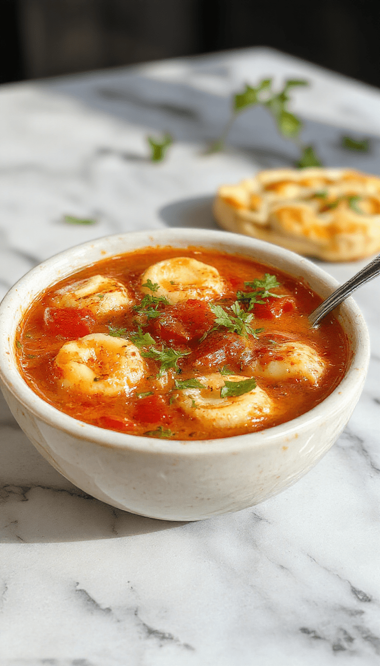 A vibrant bowl of tomato tortellini soup featuring plump tortellini swimming in a rich red tomato broth, garnished with fresh basil leaves, served on a rustic wooden table with a spoon and slice of crusty bread in the background.