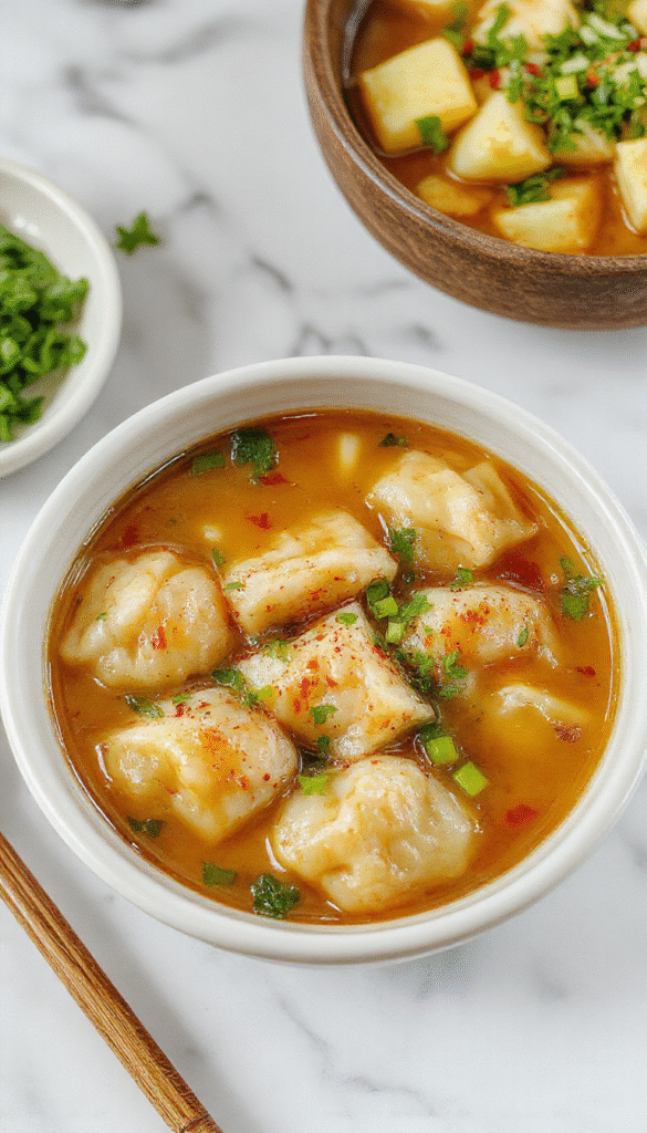 A vibrant bowl of Asian dumpling potsticker soup featuring golden-brown potstickers floating in a clear, flavorful broth garnished with green onions and sliced chili peppers, presented on a wooden table with chopsticks nearby, emphasizing warming comfort and authentic Asian flavors.