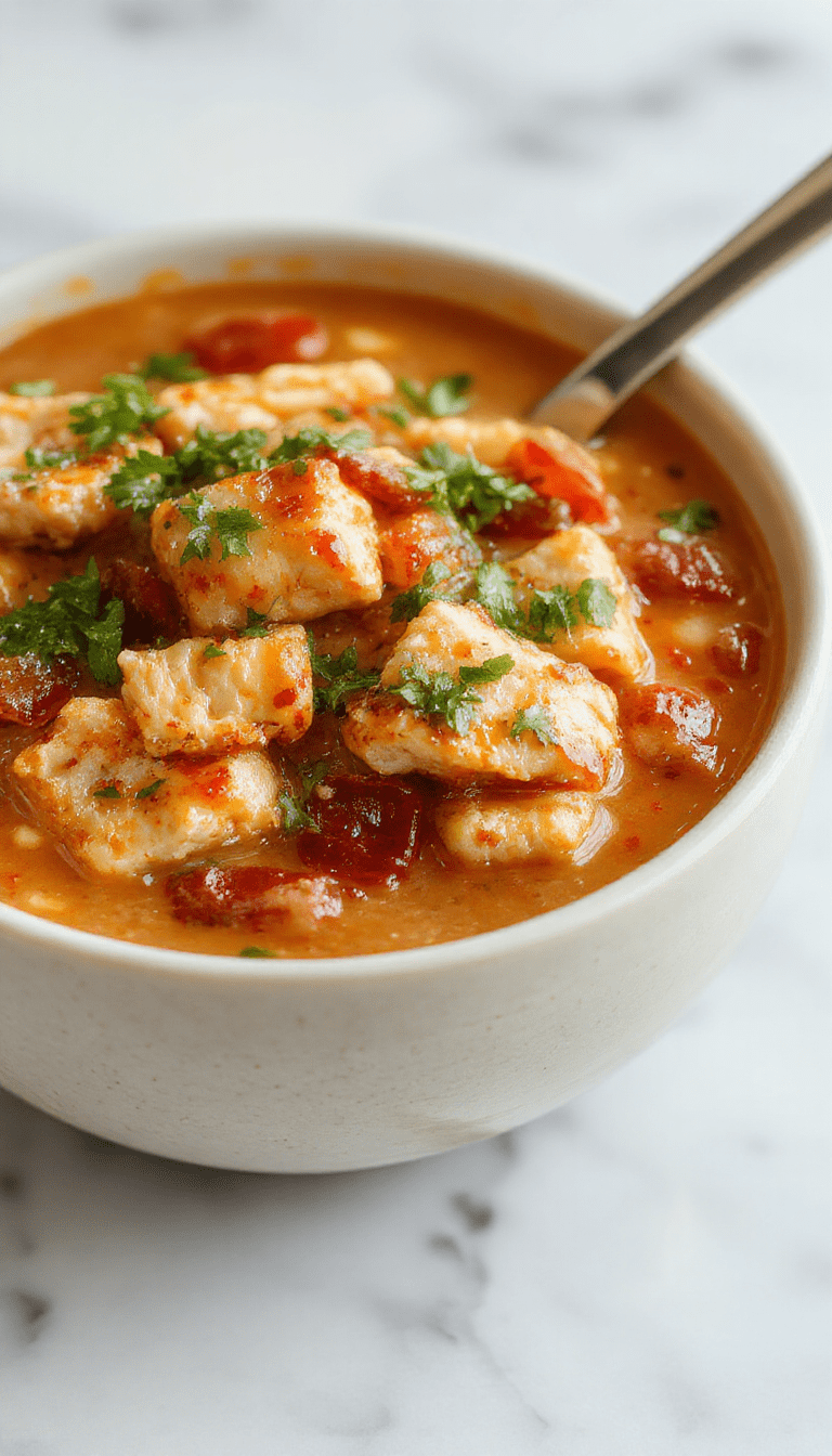 A vibrant bowl of chicken taco soup garnished with fresh cilantro, shredded cheese, and lime wedges. The soup features tender chicken, black beans, corn, and diced tomatoes, all in a rich broth. The bowl rests on a rustic wooden table, with crunchy tortilla chips and a side of sour cream, evoking a warm, inviting, and colorful presentation.