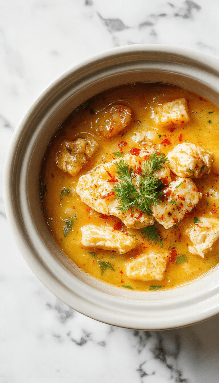 A steaming bowl of chicken parmesan soup topped with melted mozzarella cheese, garnished with basil leaves, served in a rustic white bowl on a wooden table with a slice of crusty bread on the side.