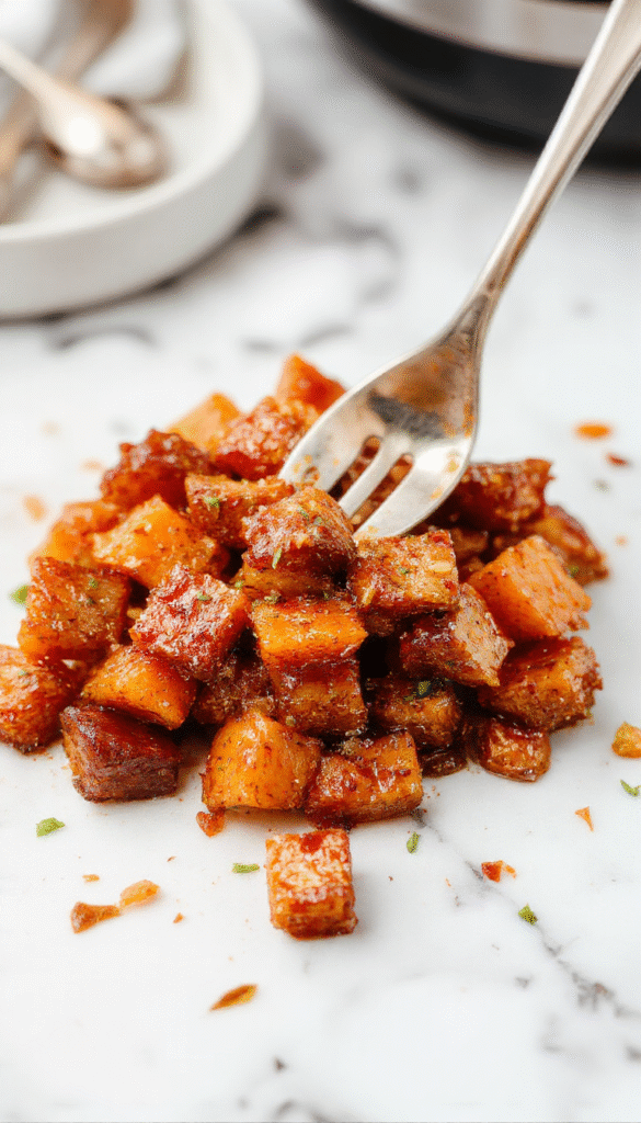 Colorful glazed carrots in a white bowl, showcasing shiny maple and brown sugar coating with tender textures, garnished with fresh herbs, styled on a rustic wooden table.