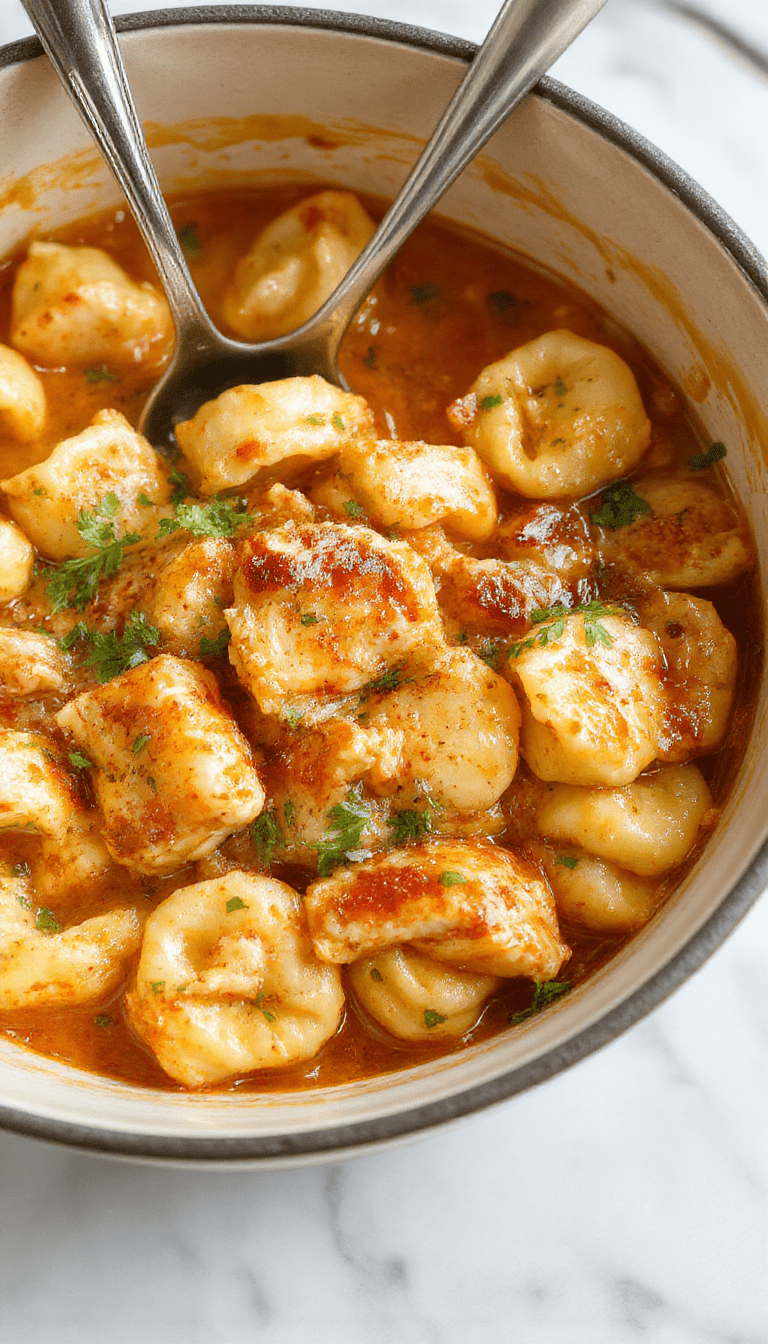 A vibrant, steaming bowl of spicy garlic butter chicken tortellini with golden-brown chicken pieces, aromatic garlic and herbs, irresistibly creamy sauce, garnished with fresh parsley on a rustic wooden table