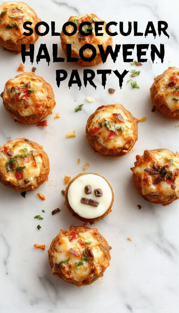 A vibrant Halloween-themed spread featuring creatively decorated dishes and desserts, including pumpkin-shaped treats, themed cupcakes, and creepy charcuterie, all artfully arranged on a dark tablecloth with orange and black accents.