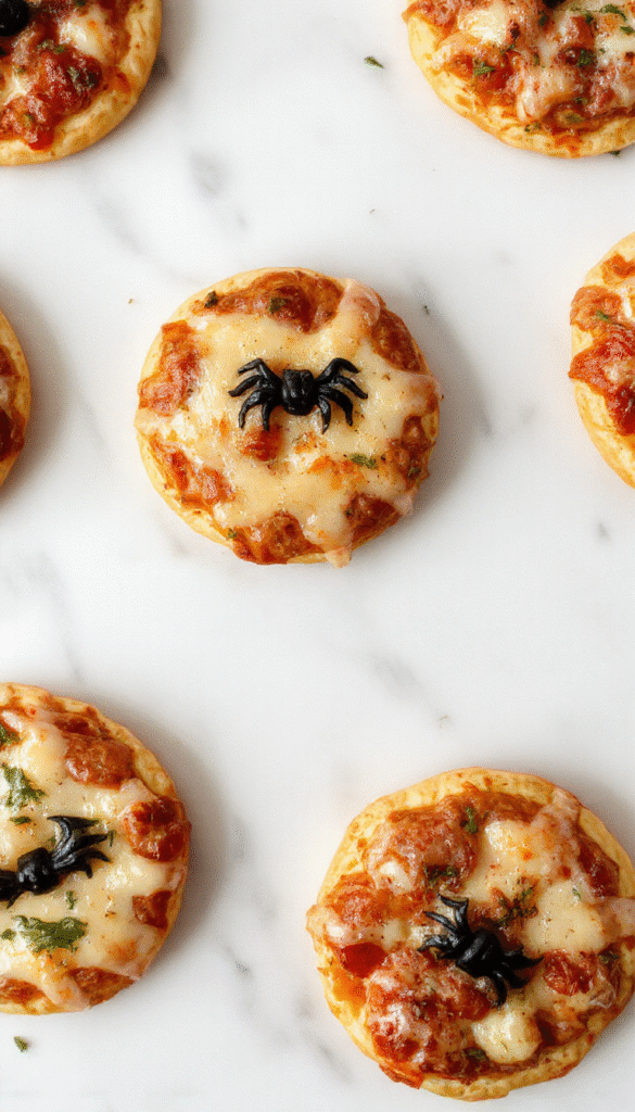 Colorful Halloween mini pizzas on a dark slate platter featuring ghost and pumpkin shaped toppings, gooey melted cheese, vibrant pepperoni, and black olive accents, styled with spooky cookie cutter shapes and seasonal decorations